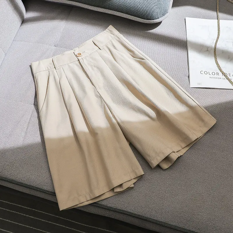 Летние повседневные шорты женские свободные широкие брюки Pantalon Femme высокая посадка на пуговице, абрикосовые шорты женская, одноцветная s-xxl - Цвет: apricot