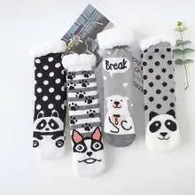 Хлопковые утепленные пушистые меховые флисовые домашние носки-тапочки с забавными животными; милые домашние носки для влюбленных; теплые зимние носки