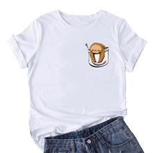 Mikialong Cartoon Sloth Pocket T Shirt Women Cotton Short Sleeve Funny Tshirts Women Top Cute Graphic Tee Women