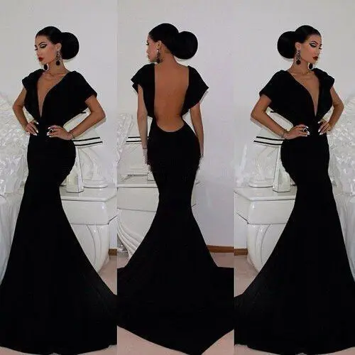 

Black Vintage Deep V Neck Cap Short Sleeves Evening gown Mermaid Backless meerjungfrau abendkleid mother of the bride dresses