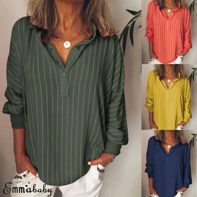 

Plus Size 2019 Autumn Boho Women Stripe Shirt Tops Long Sleeve V Neck Packet Button Casual Long Beach T-Shirt L-5XL