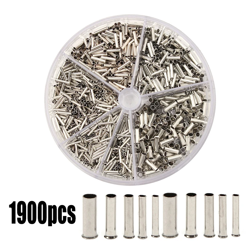 1900pcs/box Durable Multi-size Ferrules Non-insulated Cable Lugs Wire End Sleeves Ferrules 0.5mm2 - 2.5mm2 Assortment Kit