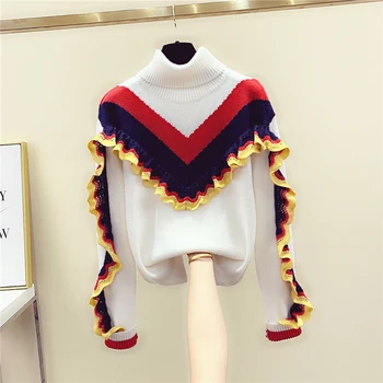 

New Pullover Knit Shirt Women's Turtleneck Striped Ruffles Long Sleeve Sweater Autumn Winter Warm Knitwear Female Basic Sweaters