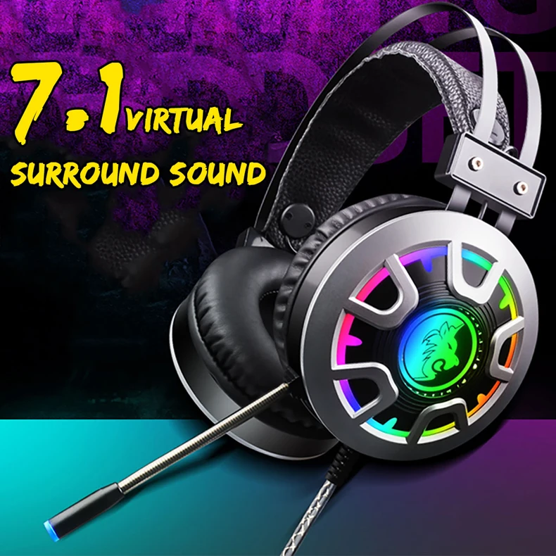 Wired Gaming Headphones Stereo Sound PC Earphones Noise Reduction with Mic Colorful RGB Light Volume Control for Desktop Laptop