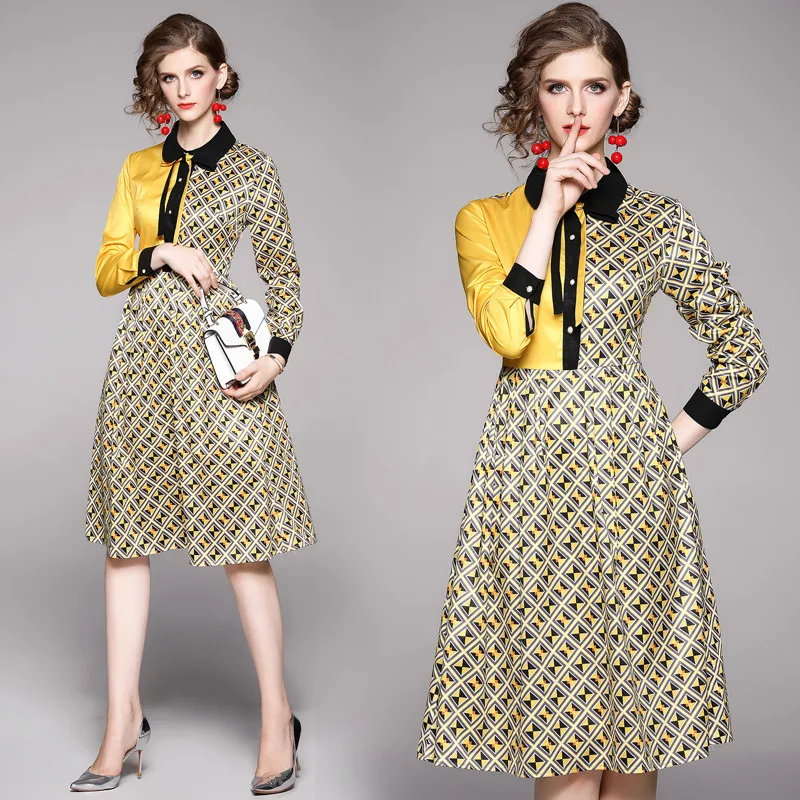 

Photo Shoot # Europe And America New Style Slim Fit Printed Contrast Color Bow Dress Pullover Fold-down Collar A- line Skirt Wom