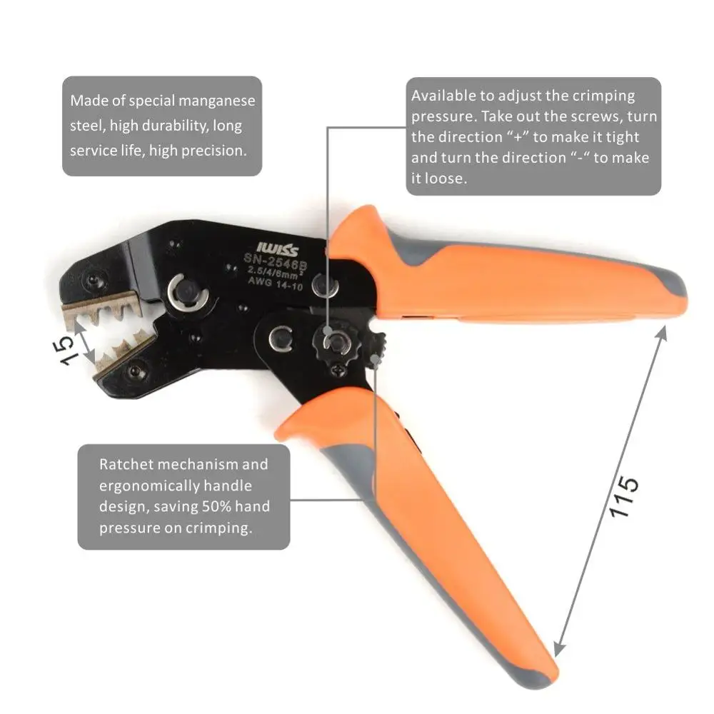 IWISS SN-2546B MC4 Solar PV Connector Crimping Tools for for AWG14-10 2.5/4/6mm2 Solar Panel PV Cable with Wire EDM Die
