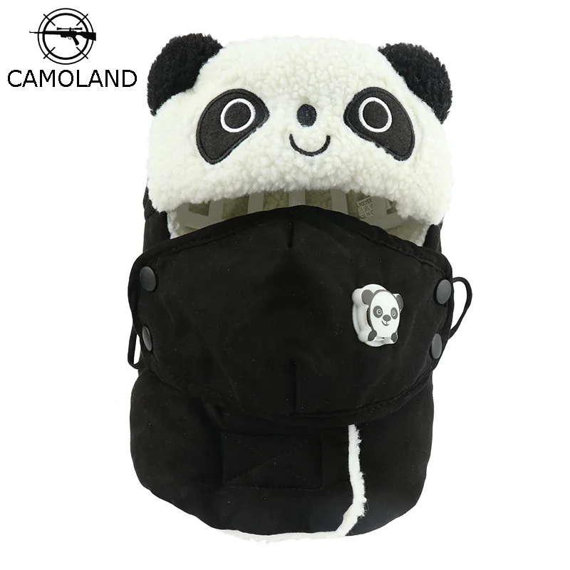 

CAMOLAND Cartoon Panda Design Bomber Hats Child Winter Warm Hat Faux Berber Fleece Thermal Earflap Mask Snow Ski Caps