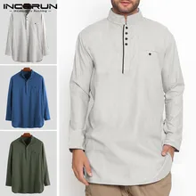 Мужская рубашка в винтажном стиле, индийская одежда, хлопок, воротник-стойка, пуговицы, длинный рукав, солидные удлиненные футболки, мужская мусульманская одежда INCERUN