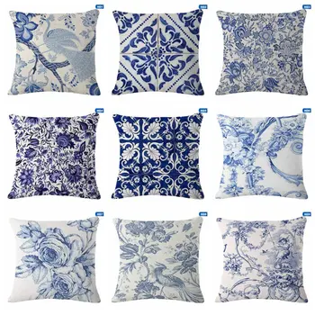 

Vintage Geometric Printed Sofa Throw Pillow Car Chair Home Decor Pillow Case Blue And White Porcelain Decorative Cushion Cover