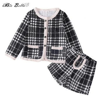 

Noble Girl Clothes Sets Black White Houndstooth Princess Suits Kids Girls Party Elegant Children Coats+Skirts 2pcs Clothing Set