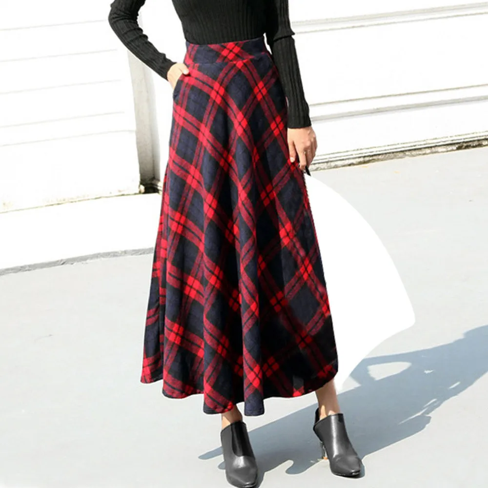 Womens High Elastic Waist Maxi A-line Skirt Winter Warm Lady Plaid Flare Long Ankle Skirt