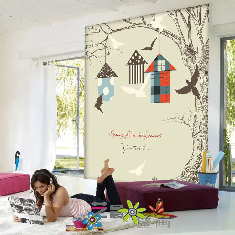 

Drop Ship Custom 3d Mural 3D Mural Wallpaper Cartoon Children Room Tree Bird Cage Wallpaper