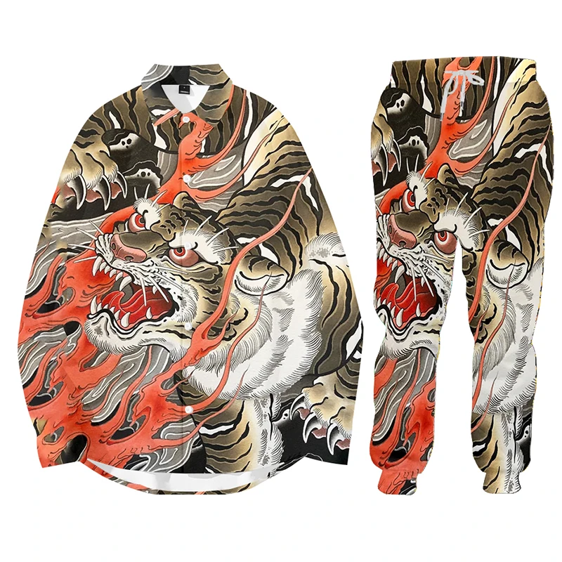 Animal Tiger Mens Fashion Print Hoodie Set 2 Piece Suits Jacket + Pants For Mens Suits Man Print Suits Set Tracksuit Sportswear