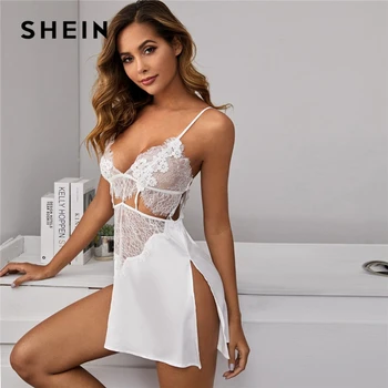 

SHEIN White Contrast Lace Satin Sexy Sleep Dress With Thong Women Nightwear Spring Sleeveless Ladies Split Hem Cami Nightgowns