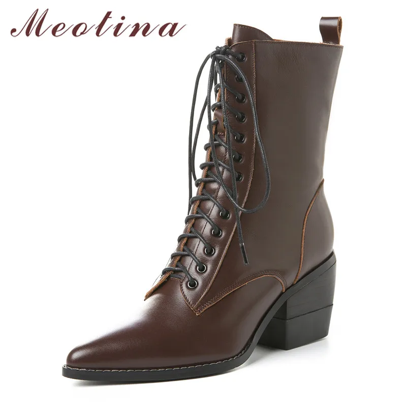 

Meotina Winter Ankle Boots Women Natural Genuine Leather Thick High Heel Short Boots Zip Pointed Toe Shoes Ladies Autumn Size 39