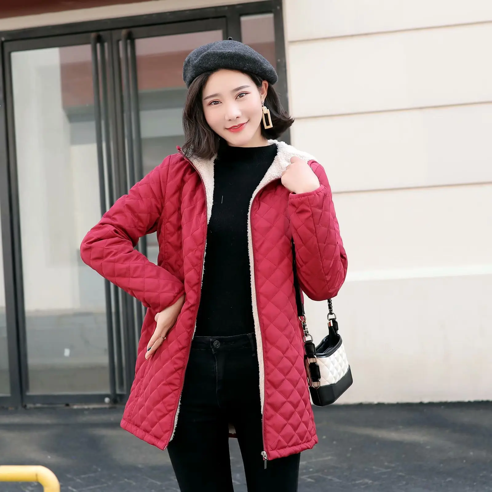 

2018 Winter New Style Mid-length Rhombus Pattern Loose-Fit Hooded Candy-Colored Cotton Overcoat