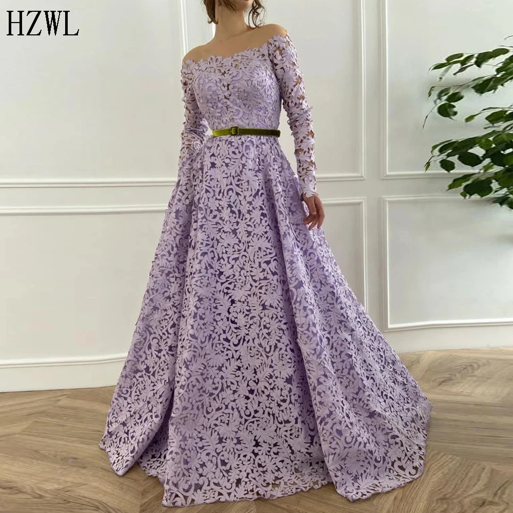 

Light Rosa Purple Color Laced Prom Dress Party Gown Designer Flowery A-Line Long Sleeeves Velvet Belt Dress for Special Occasion