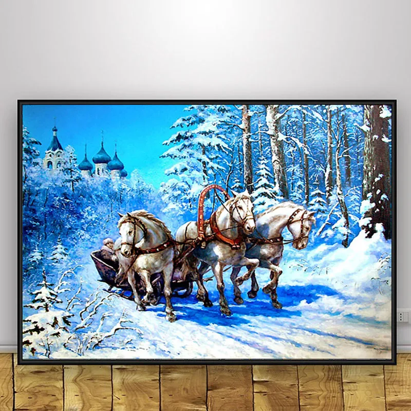 Full Square Diamond Embroidery Winter 5D Diy Drill Painting Cross Stitch Crystal Sale Three Horse Snow Landscape Mosaic Picture | Дом и сад