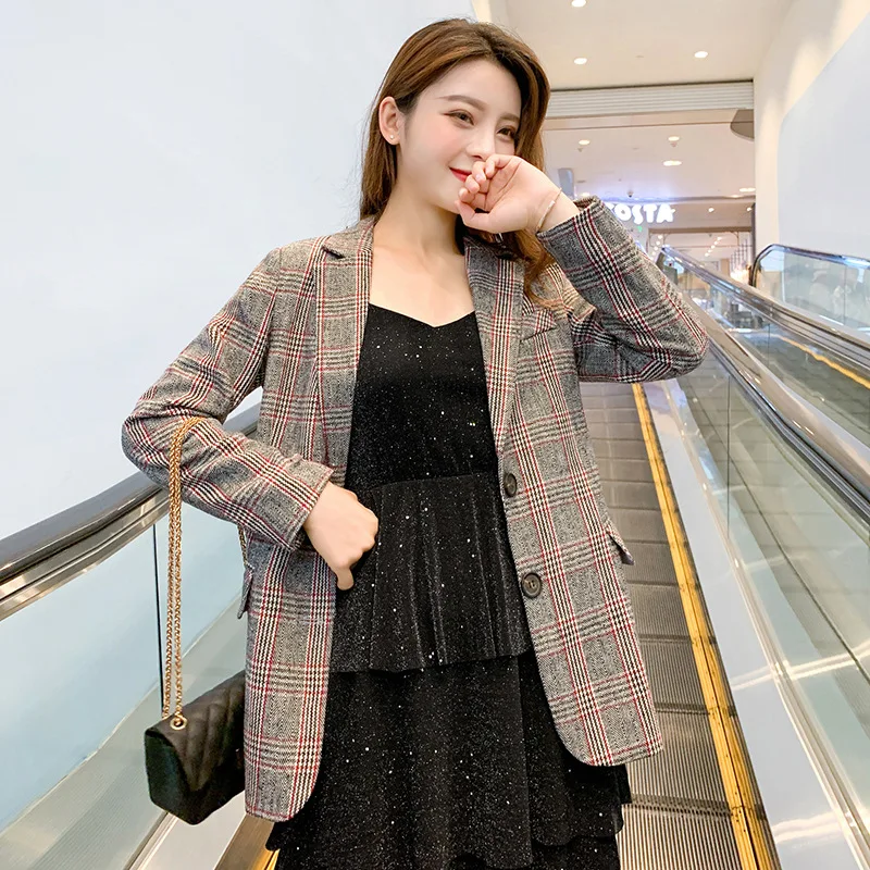 

2019 Autumn Clothing New Style Korean-style Graceful WOMEN'S Dress Slim Fit Slimming Leisure Suit Plaid Business Small Suit Coat