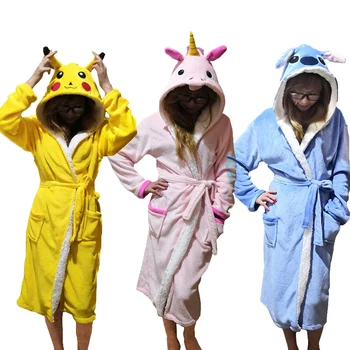 

Unisex Animal Sleepwear Robe Sleep Cute Nightgown unicorn Stich Pikachu Bathrobe Winter Homewear Dressing Gowns For Women Men