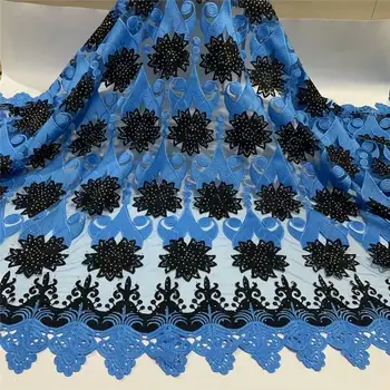 

Latest Blue African Embroidery Tulle Lace Fabric 2020 High Quality French Tulle Lace Fabric With Stone 5 YardsJAUN