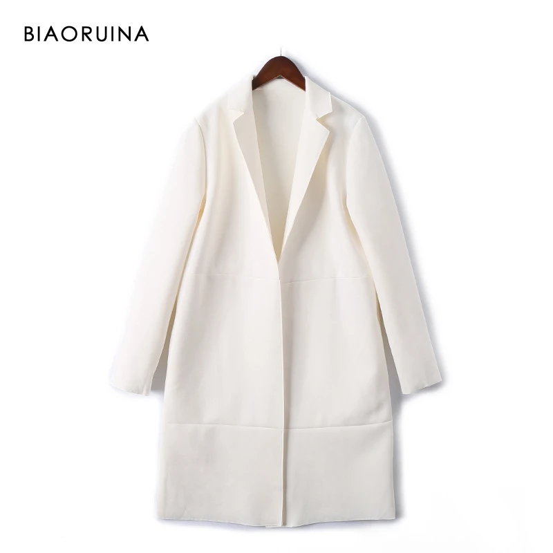 BIAORUINA, 3 цвета, Женская сплошная шикарная замша, открытая стежка, длинный Тренч, отложной воротник, Дамское элегантное прямое уличное пальто