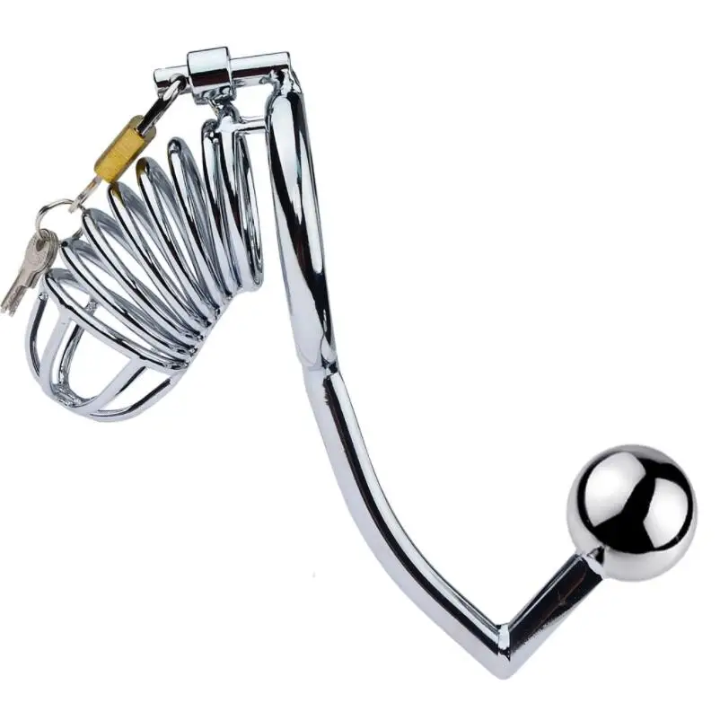 

Latest Male Stainless Steel Bondage Cock Penis Cage Ring Anal Plug Butt Beads Chastity Belt Device BDSM Fetish Sex Toys 020