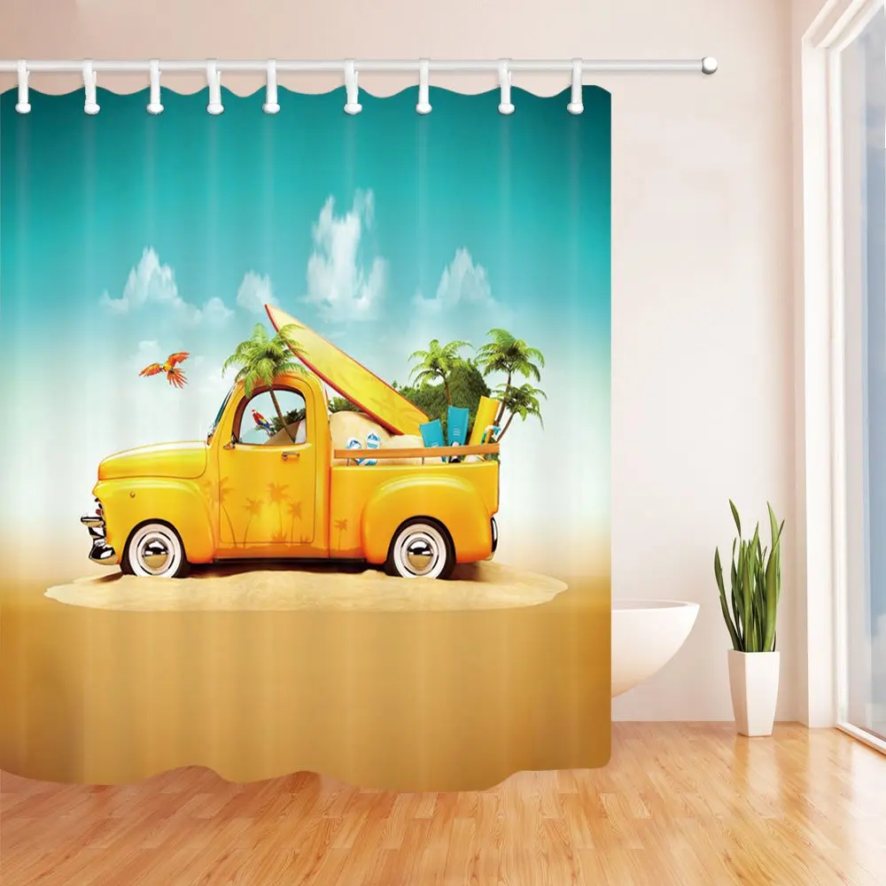 Vintage Vehicle on Tropical Palm Tree Ocean Beach Under Cloudy Sky Shower Curtain