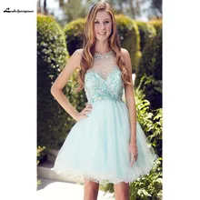 Свежий светильник зеленый кружевной аппликации платья для выпускного вечера совок шеи Линия Бисероплетение выпускное платье мини без рукавов vestido curto