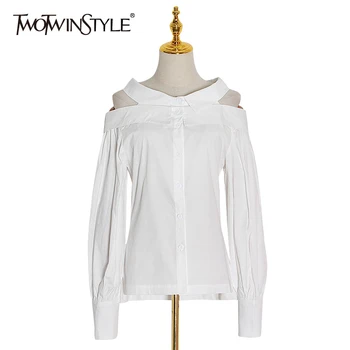 

TWOTWINSTYLE Elegant Embroidery Hollow Out Women's Shirts Lapel Collar Lantern Long Sleeve Shirt Female 2020 Autumn Fashion New