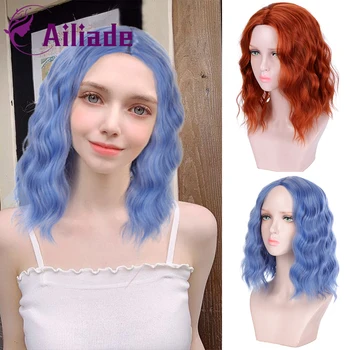 

AILIADE Synthetic Short Water Wave Wig For Women Lolita Cosplay Halloween Fake Hair Daily Orange Blue Middle Part Wigs