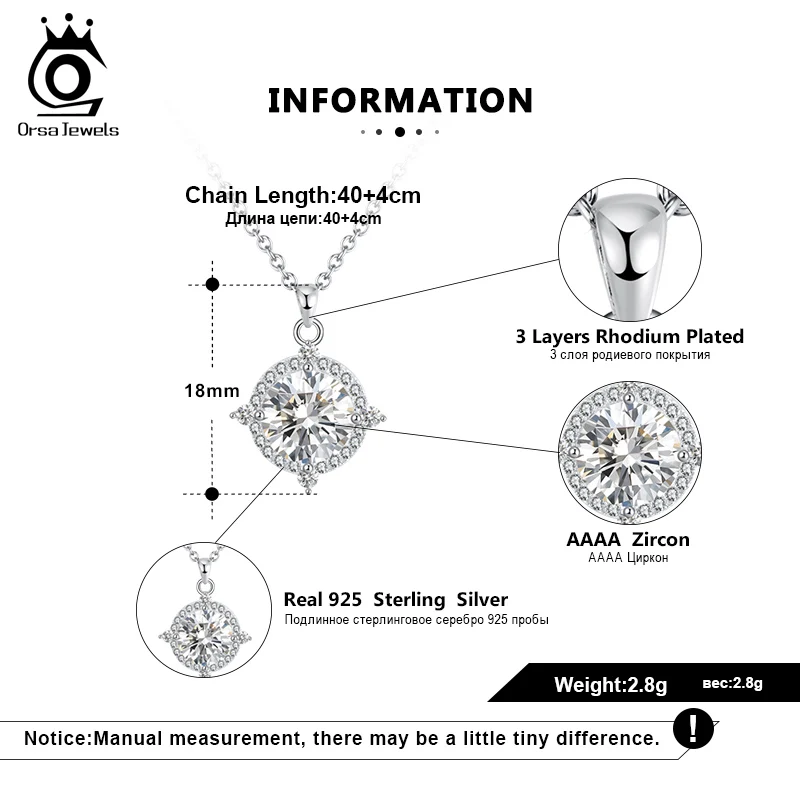 ORSA JEWELS чистое 925 AAAA циркониевое ожерелье с подвеской, ожерелье из стерлингового серебра круглой огранки с родиевым покрытием, модное ювелирное изделие SN188