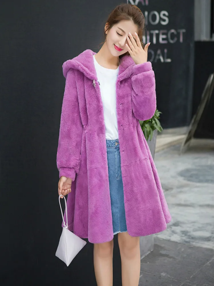 

Instagram Rex Rabbit Faux Fur Coat Women's Winter Street Park Pocket Fashion Elegant Long Sleeves Femme Hooded Fluffy Jacket