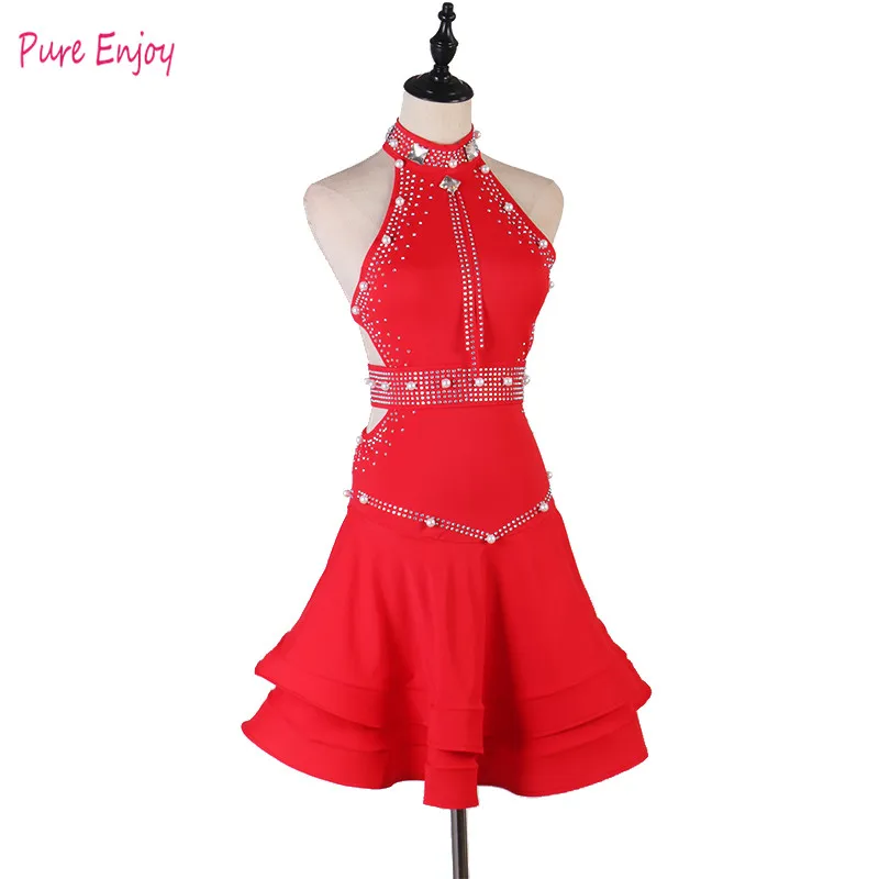 Lady Performance Dress Женщины Латинской Танцевальной Одежды Конкурс Латинского Танца Платье с Алмазным Высоким Воротником Ломбардные Танцевальные Платья