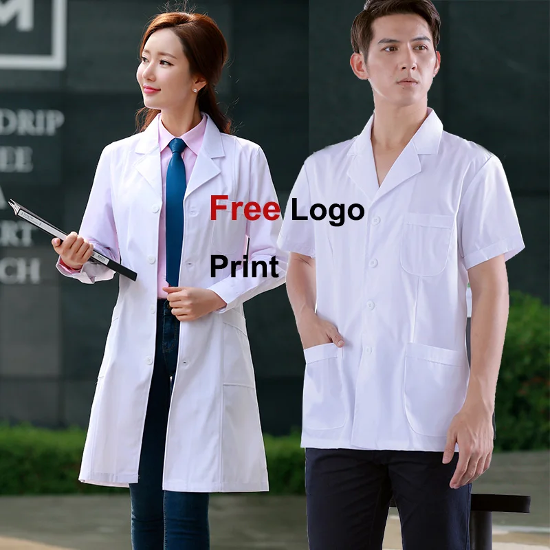Goede Gratis Logo Print Medische Uniformen Arts Witte Jassen Scrubs Medische Uniformen Vrouwen Verpleegkundige Werkkleding Vrouwen of Mannen Beschermen Lab gown
