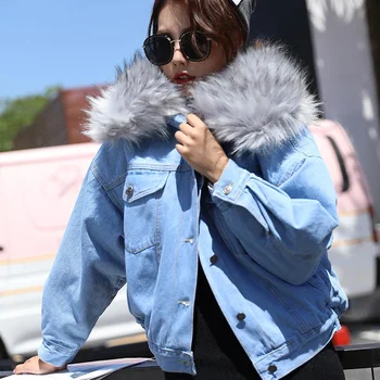 

Winter Denim Velvet Women's Jacket Coat Jeans Thicken Warm Hooded Coats Female Faux Fur Collar 2019 Streetwear Jackets Women