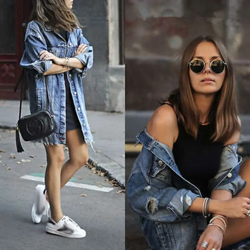 Women's Basic Coat Holes Baggy Denim Jacket Long Sleeve Loose Street Style Outwear Winter NEW