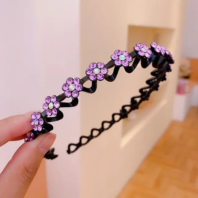 Fashion Pearl Non-Slip Rhinestone Hairbands Elastic Flower Women Hair Hoop Bands Headband Bezel Girls Hair Accessories Headdress C Purple ab