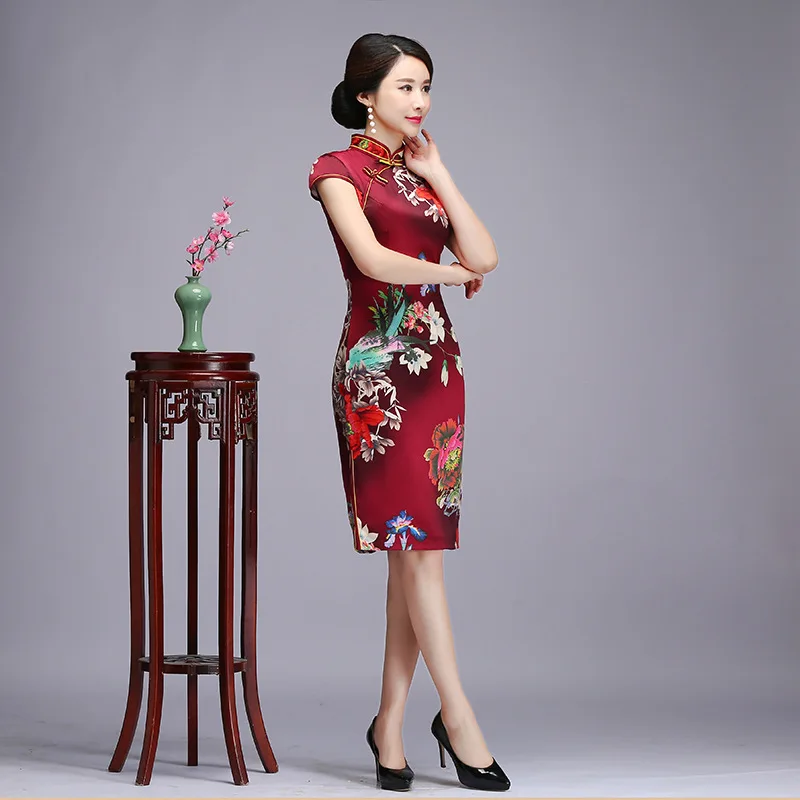 Традиционное женское вечернее платье в китайском стиле, винтажное сатиновое платье с цветочным принтом, сексуальное платье чонсам