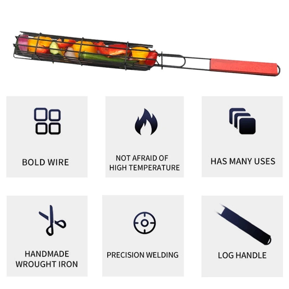Portable Kabob BBQ Grilling Basket Stainless Steel Nonstick Barbecue Grill Basket Tools Mesh Kitchen Tools Kitchen Accessories