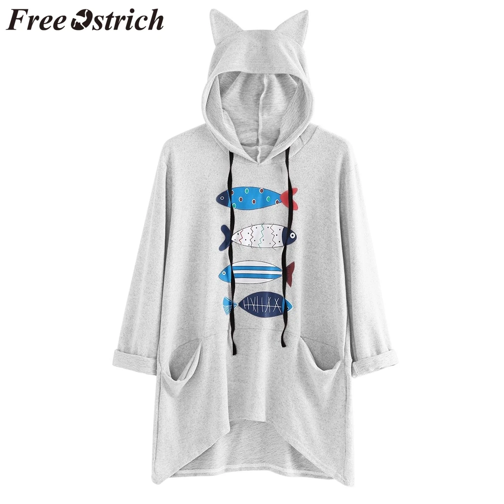 

FREE OSTRICH sweater Women Cartoon Fish Print Cat Ears warmLong Sleeve Cute Large Size Autumn Woman Sweater Pullovers