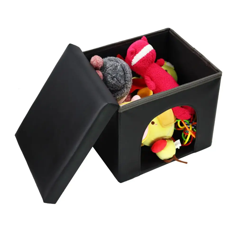 KKTONER Faux Leather Foldable Storage Ottoman Cuboid Toy Box Chest Foot Stool 14x12 x12 Black