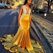 Черные бархатные золотисто-желтые африканские платья для выпускного вечера 2k20, сексуальное вечернее платье размера плюс с длинным шлейфом, Выпускные вечерние платья