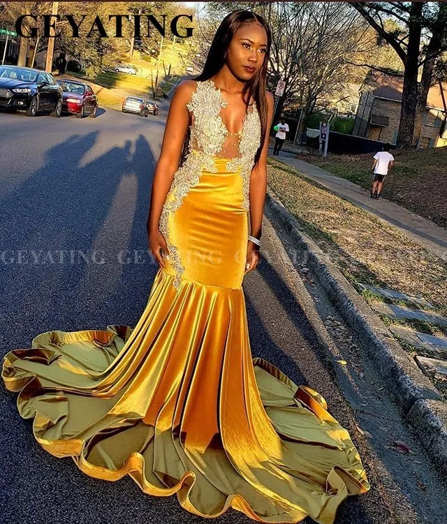 Zwarte Meisjes Mermaid Fluwelen Goud Geel Afrikaanse Prom Jurken 2k20 Sexy Gala Jurk Plus Size Lange Trein Graduation Avondjurken Zwarte Meisjes Mermaid Fluwelen Goud Geel Afrikaanse Prom Jurken 2k20 Sexy Gala Jurk Plus Size Lange Trein Graduation Avondjurken