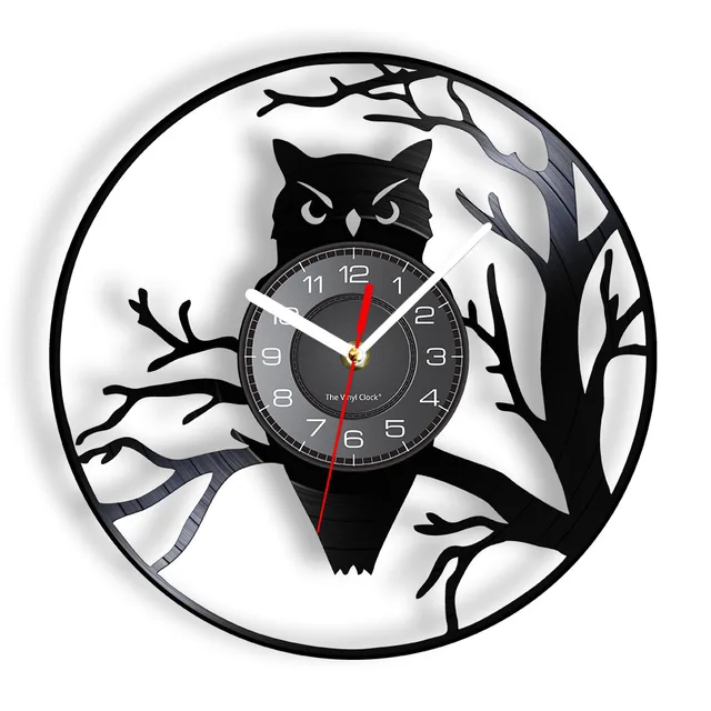 Owl Bird ; Branches Vinyl Album Re-purposed Record Clock Animal Wall Decor Black Hanging Wall Watch Living Room Modern Artwork