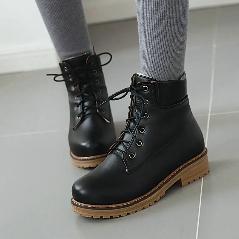 

Winter Plush Ankle Boots Women Boots Comfy Flat Heel Snow Boots Round Toe Lace Up Martin Boots Woman Shoes Black Beige Pink