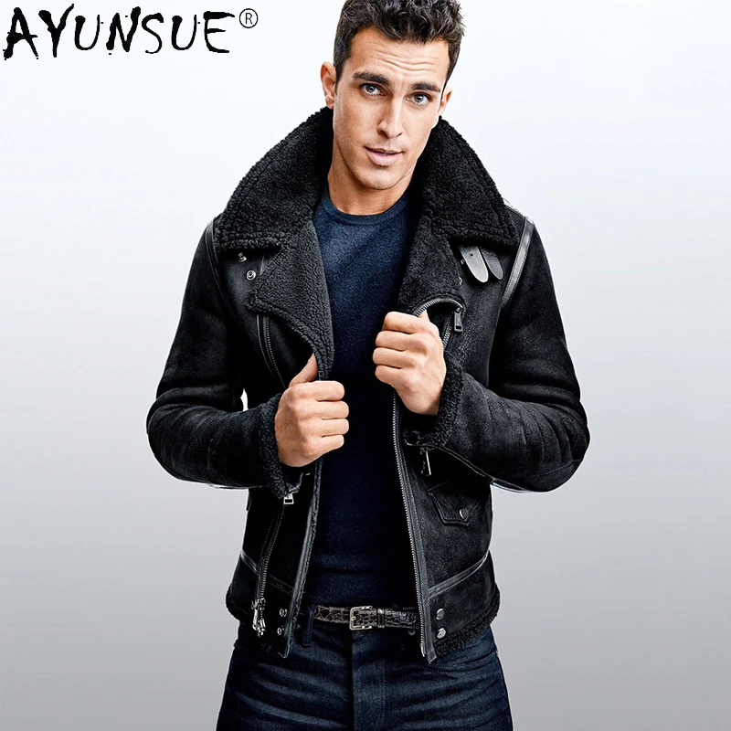 

AYUNSUE Winter Jacket Mens Real Sheepskin Leather Jackets Men Clothing Motorcycle Coat Genuine Sheep Shearling Coats Ropa LXR788