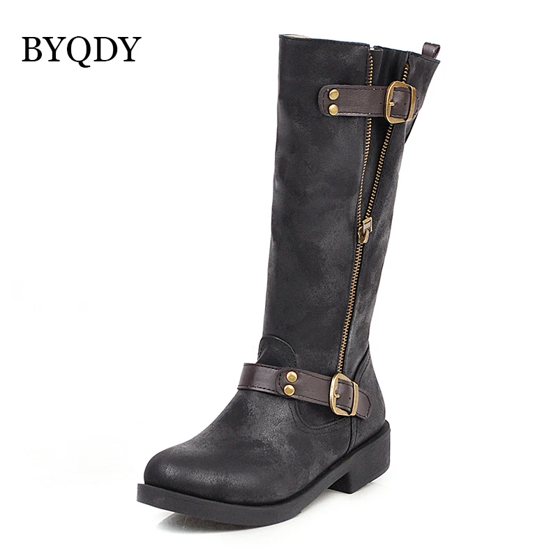 BYQDY Women Knee Boots Female Autumn Riding Motorcycle Boots Buckle Female Patent Leather Shoes botas largas mujer Plus Size 43