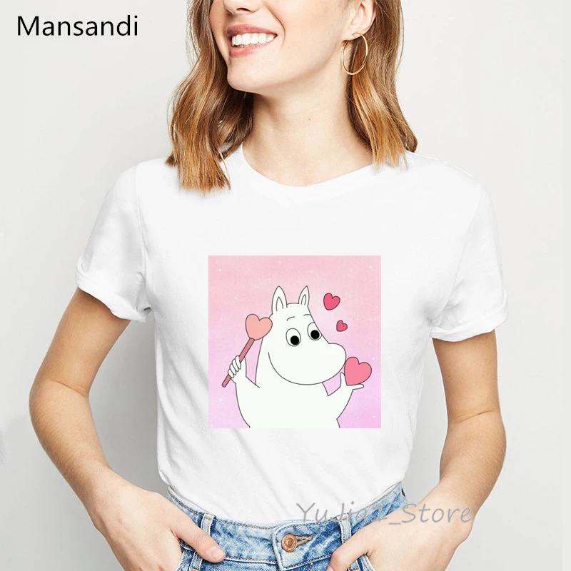 Moomins футболка с мультяшным принтом Женская harajuku kawaii одежда Забавные футболки femme корейский стиль модная футболка женская уличная одежда