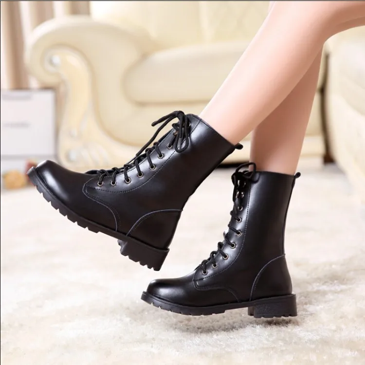 

Four Seasons Spring Autumn Women's Boots Ankle Boots Martin Boots Women's British-Style Chunky-Heel Lace-up Buskin Black And Whi